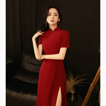 2023 Naujas Vyno Raudona Nuotakos Vestuvių Suknelės Senovinių Tradicinių Suknelė Taurę Drabužius Qipao Mados Elegantiškas Banketų Cheongsam