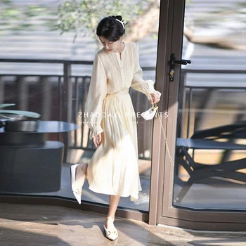 Apvalios Kaklo Balta-line Suknelė Pavasario Vasaros Mados Suknelė 2023 ilgomis Rankovėmis korėjos Stiliaus Elegantiškas Olis Stiliaus Atsitiktinis Suknelė moterims