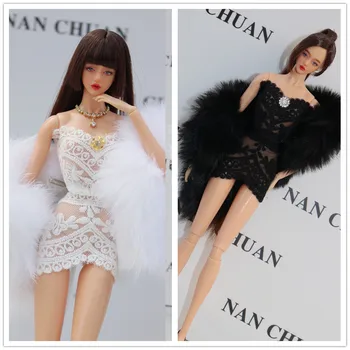 Balta ir juoda nėrinių drabužius set + pliušinis cape / 100% rankų darbo lėlė 30cm drabužiai, apranga 1/6 Xinyi FR ST blythe Barbie Lėlės