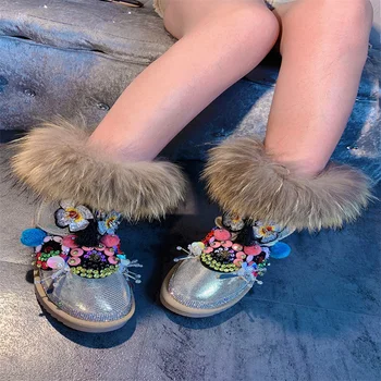 China rhinaute fox Plaukų batai užsakymą Rankų darbo gėlių žiemos plius fleece šilti batai, Kailio vientisas batai moterų 35-41