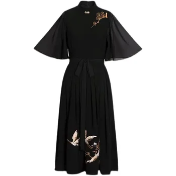Kinų Stiliaus Han Elementai Vasaros Suknelė Nauja Juoda Siuvinėjimas Cheongsam Šifono Suknelė moteriški Drabužiai