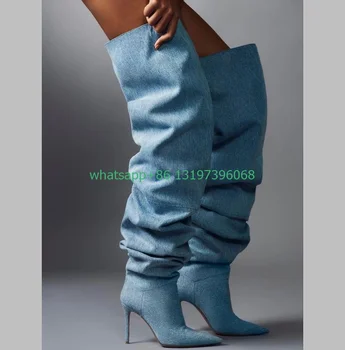 Lady džinsinio džinsus plisuotos dizaino batai nurodė kojų per kelius siekiantys batai kaubojus punk stiliaus aukštakulnius batus, dydis 35-46 footwea