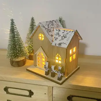 Medinis Namas su Led Šviesa Spindinčią salono sniego, nedidelis namas darbalaukio kūrybingi papuošalai, papuošalai Kalėdų dovanos