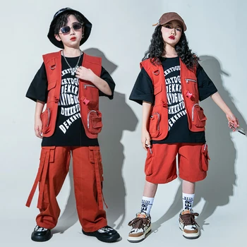 Merginos Streetwear Berniukai Raudona Hip-Hop Vest Spausdinti Marškinėlius Krovinių Kelnės Vaikams, Kpop Šokių Drabužių Rinkiniai Vaikų Džiazo, Komplektai, Kuriame Kostiumai