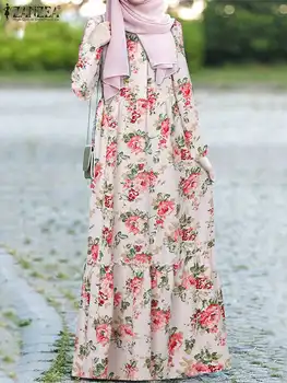 Moterims Gėlių Spausdinti Suknelė Musllim Abaja ilgomis Rankovėmis Maxi Sundress ZANZEA Bohemijos Vestidos Šaliai, Skraistės Atsitiktinis Atostogų Suknelės