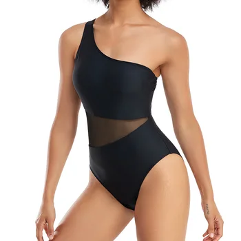 Moterų Bodysuit Bikini Rankovių Vieną petį Žr.-per Kratinys Vasaros Plaukimo Maudymosi maudymosi kostiumėlį