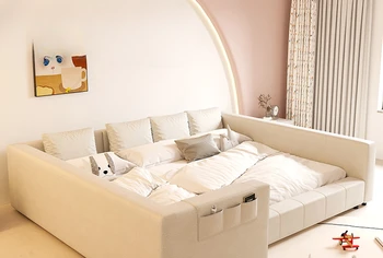 Super didelis atitvaro lova, modernus ir paprastas kremas stiliaus tatamio, plaunamas audinys, miegamojo king lova