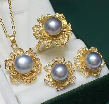 Trimatis gėlių pietų jūros kristalų, perlų karoliai Trijų dalių pakabukas auskarai žiedas rinkinys