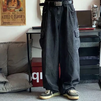 Vyrų Puošmena Didelis Kišenėje Skalbti Pločio Kojų Džinsus Y2k Streetwear Hip-Hop Kankina Tiesiai Džinsinio audinio Kelnės Vyrų Streetwear Kelnės