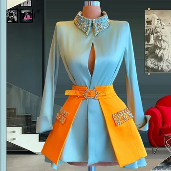 Šviesiai Mėlyna Prom Dresses 2 Vnt Satino Ilgomis Rankovėmis Lentjuostės Trumpą Vakarinę Suknelę Saudo Arabija Aukšto Kaklo Kokteilis Suknelės